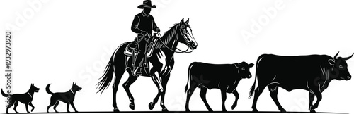 Cowboy riding horse herding cattle and dogs silhouette, ranch life vector illustration, western farm scene, livestock management, isolated black graphics,