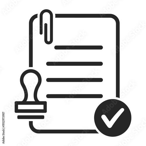 Document management system icon featuring a paper clip, stamp, and checkmark, illustrating a verified and approved process