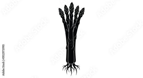 A striking black silhouette of a bundle of fresh asparagus stalks with detailed roots and tips silhouette high quality
