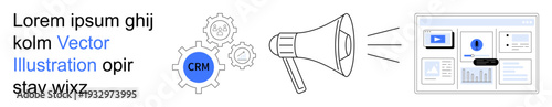 Digital marketing, CRM systems, content management, communication, promotion strategy, advertising campaigns. Gear icon labeled CRM, speaker and online dashboard. CRM systems and digital marketing