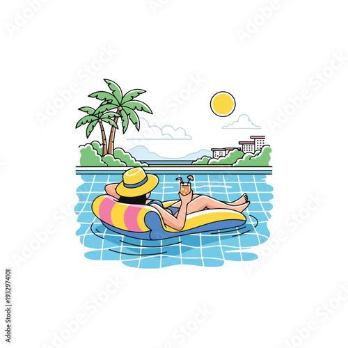 A cartoon woman wearing a hat relaxes on a colorful pool float with a drink in a tropical setting during summer.