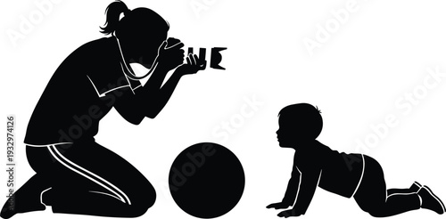 Silhouette adult photographing crawling baby with camera, family bonding vector illustration, childhood milestone, playful design, parenting memory, documentation posture art