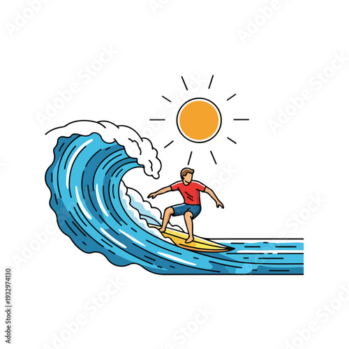 Illustration of a surfer riding a wave on a sunny day with a stylized sun in the background, conveying a carefree summer mood.