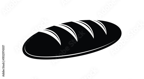 A striking black silhouette of a long oval shaped loaf of bread against a plain white background silhouette high quality