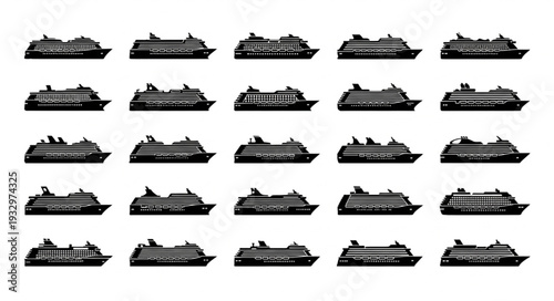 Collection of various cruise ships in black and white silhouette style.