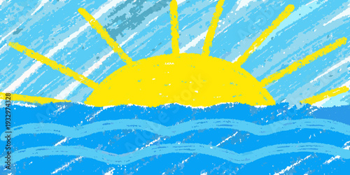A child s drawing of a bright sun shining over wavy blue water