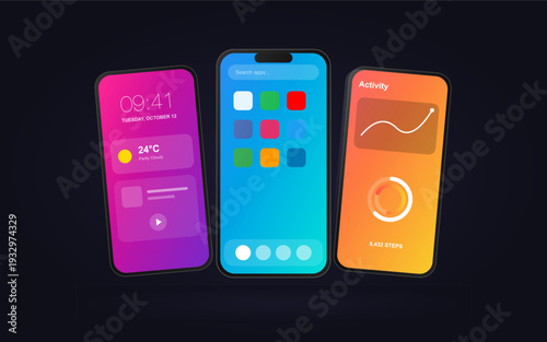 "A sleek and modern vector illustration featuring three smartphones showcasing distinct UI/UX designs. The visual mood is high-energy and tech-forward, characterized by vibrant neon-inspired gradients