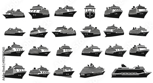 Collection of various cruise ships in different angles and perspectives for travel and tourism.