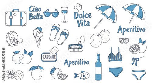 Collection of summer vacation illustrations featuring beach accessories and refreshing drinks