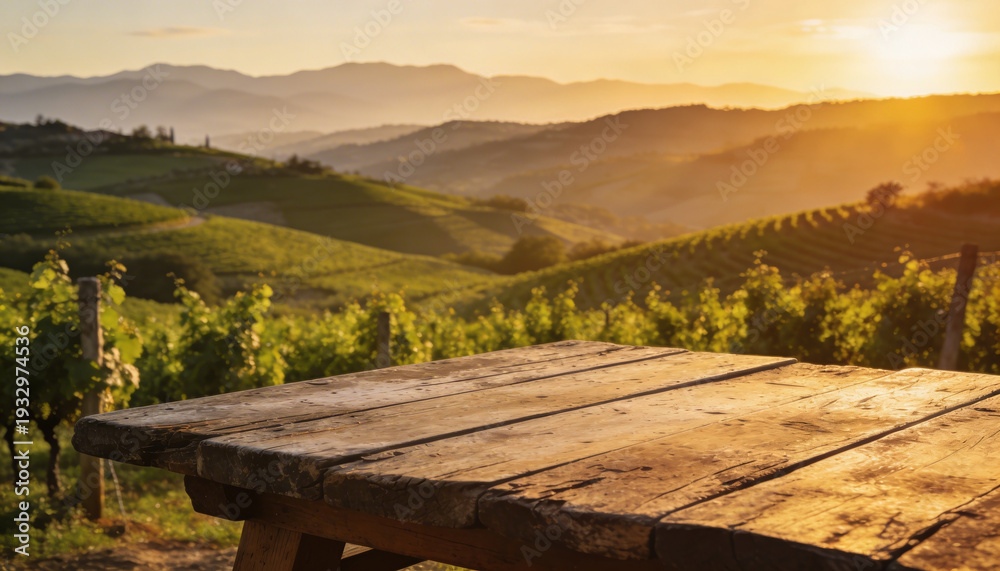 Obraz premium Rustic Wooden Table with Vineyard Hills and Sunny Sky at Golden Hour
