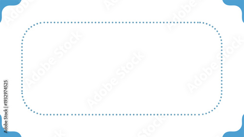 A close-up shot of a blue label with rounded corners and a dotted outline on a white background with blue decorative corners.