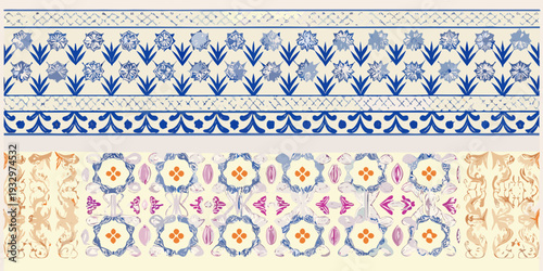 Intricate blue and orange tile patterns displayed on a beige background