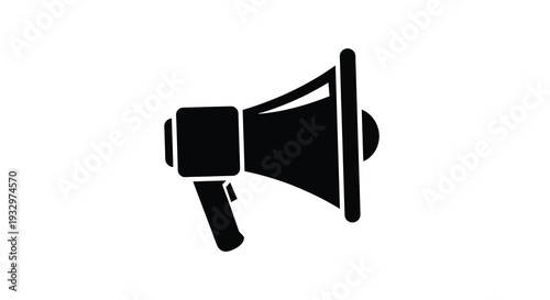 A stark black silhouette of a vintage megaphone rests on a plain white background conveying communication and announcements silhouette