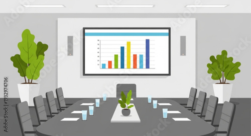 Modern conference room with a large screen displaying a bar graph.