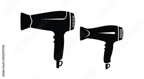 A striking black and white depiction of two hair dryers showcasing their distinct shapes and designs silhouette high quality