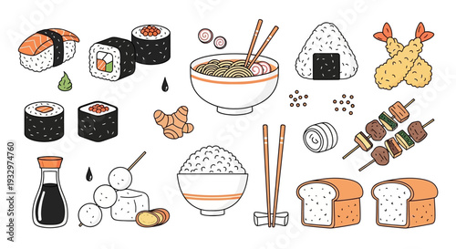 Assorted Japanese cuisine including sushi rolls, sashimi, and tempura on a simple white background from a top view