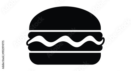 A strikingly simple black silhouette of a classic cheeseburger with visible layers creating a bold visual statement silhouette