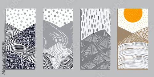 Four abstract panels depicting waves mountains and celestial bodies