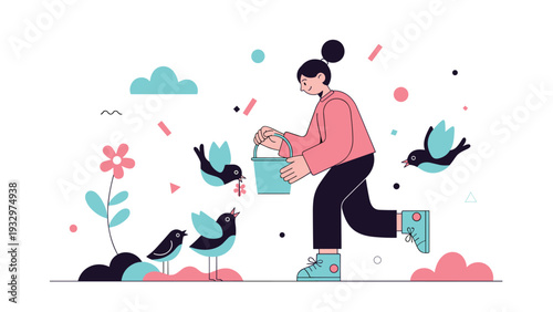 Young girl happily feeding small birds from a bucket while surrounded by flowers and abstract decorative floating shapes.