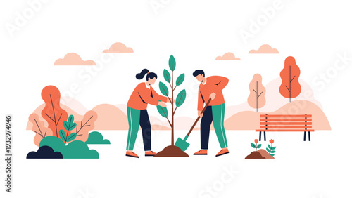 Volunteers planting a young tree in a public park to support environmental conservation and promote green nature projects.