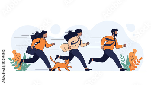 Group of diverse business people and an orange cat running fast across a white background with stylized motion lines.