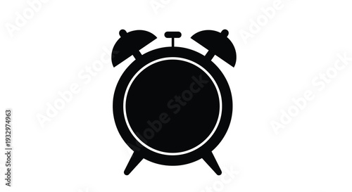 A stark black silhouette of a classic twin bell alarm clock against a white background symbolizing time and mornings