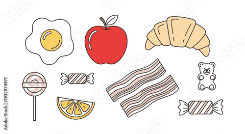 An illustration of various breakfast foods and sweets arranged neatly, including croissant, apple, egg, candy, and bacon strips viewed from directly above