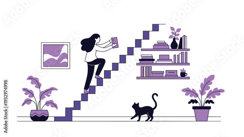 Woman climbing a staircase to place a book on a tall shelf in a purple room with houseplants and a walking cat.