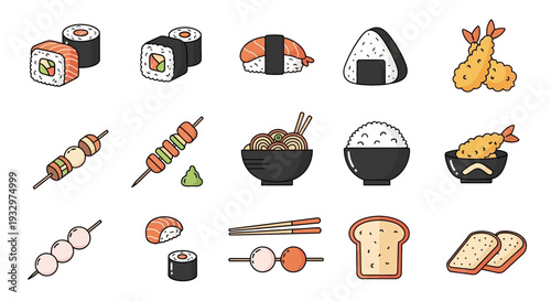 Assorted Japanese cuisine icons including sushi, sashimi, and tempura displayed on a digital interface for culinary and cultural representation
