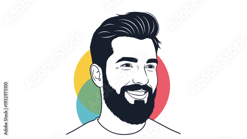 Confident man with a groomed beard and stylish hair stands against a background of colorful overlapping circular shapes.