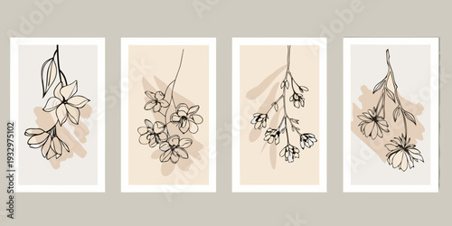 Four minimalist botanical line art prints with neutral backgrounds