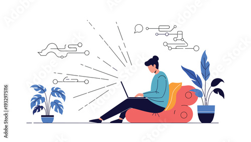 Young woman works on her laptop while sitting comfortably on a beanbag chair with abstract technology circuits in the background.