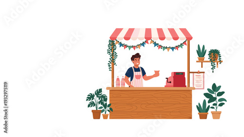 Friendly male merchant standing at his wooden street food stall or kiosk with plants and a cash register on a white background.