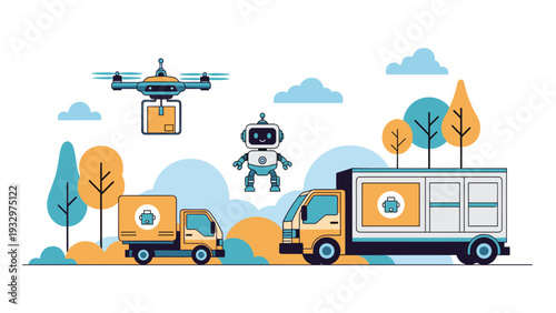 Modern logistics technology featuring delivery drones, autonomous robots, and electric transport trucks in a forest setting.