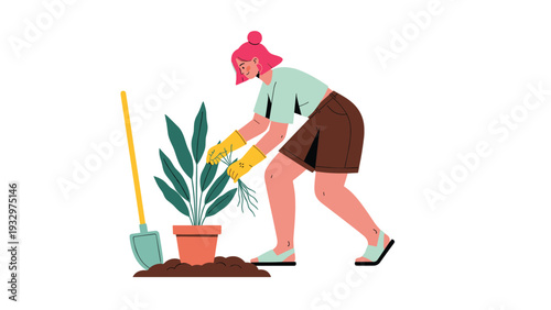 Woman with pink hair working in her garden by carefully pulling weeds and tending to a large potted plant with a shovel nearby.