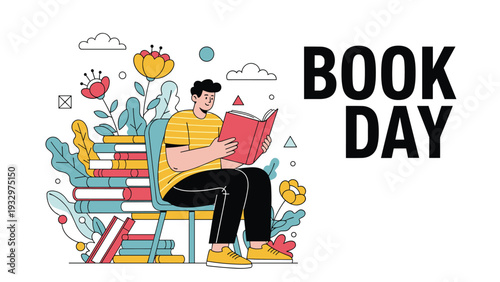 Young man sits on a stack of books while reading a novel to celebrate Book Day surrounded by colorful floral decorations.