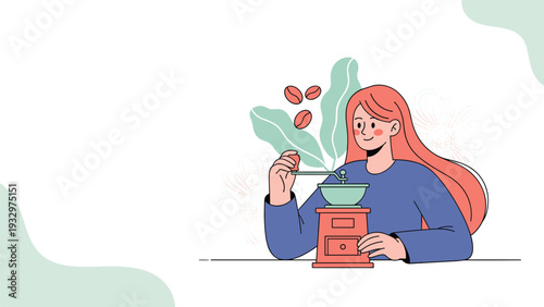 Happy woman using a manual coffee grinder to prepare fresh beans while surrounded by floating coffee beans and green leaves.