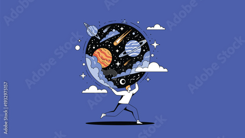 Creative person carrying a large celestial sphere filled with various planets, stars, and clouds to represent cosmic imagination.