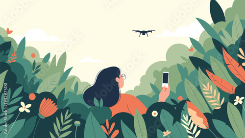 Photographer standing in thick green foliage takes a picture of a flying drone with her smartphone to document nature from above.
