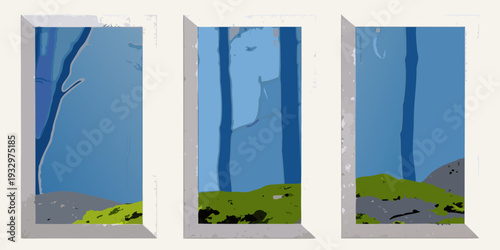 A triptych depicting abstract forest scenes viewed through window frames