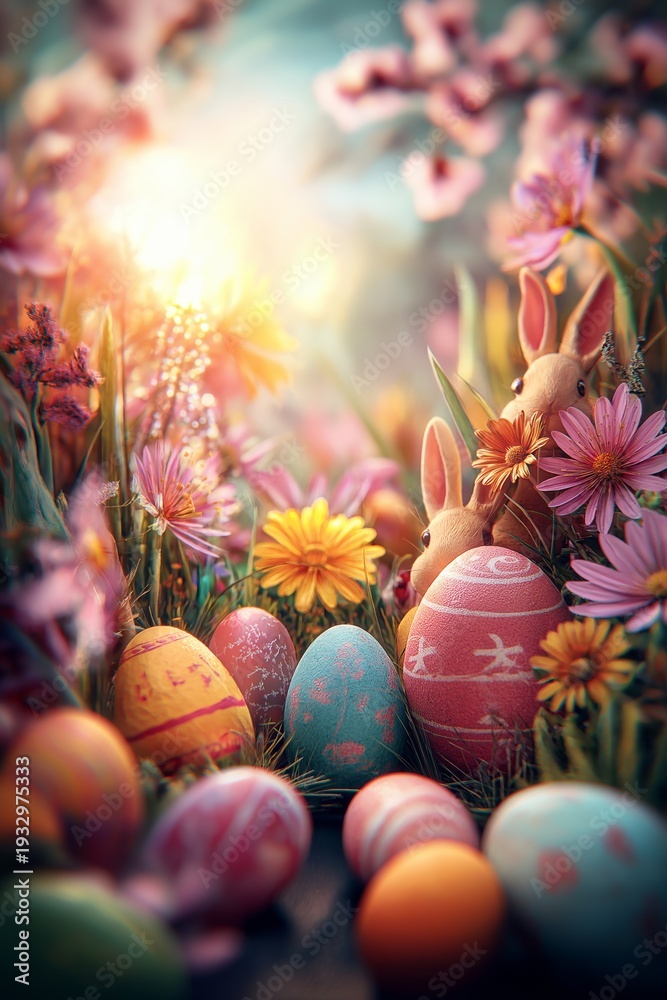 Fototapeta premium Little bunnies finding colorful Easter eggs in spring garden. Cute bunnies celebrating Easter surrounded by decorated eggs and blooming cherry blossoms