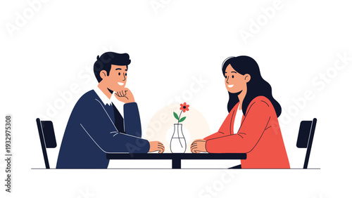 Man and woman enjoying a romantic dinner date while sitting across from each other at a table with a flower in a simple vase.