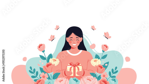 Smiling young woman holding a wrapped gift box with a red bow in a beautiful garden of pink roses and fluttering butterflies.