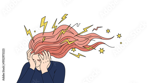 Woman experiencing a severe headache or mental stress with lightning bolts and stars radiating from her flowing long hair.