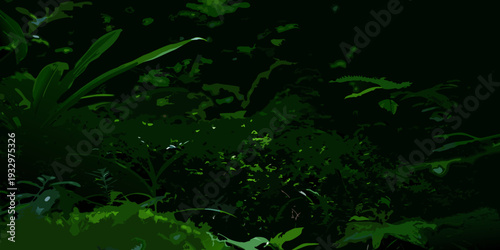Dark stylized illustration of lush green foliage and plant life