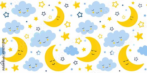 Cute cartoon clouds moons and stars create a dreamy pattern