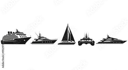 Various boats and ships silhouettes, perfect for maritime or nautical themes and designs.