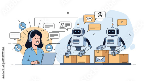 Customer service agent with a headset working with two robots on an assembly line packing parcels for global shipping.