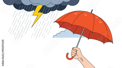 Hand holding a red umbrella during a heavy rainstorm with a yellow lightning bolt striking from a dark grey thundercloud.