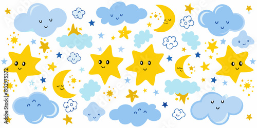 Cute cartoon stars moons and clouds with smiling faces on white